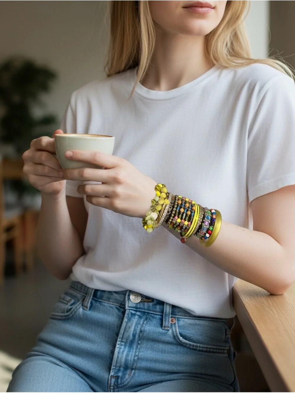 Vibrant Yellow Multicolor Stackable Bracelet Set Boho Beaded Rhinestone Bangles